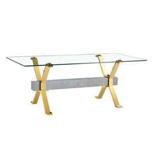 English Elm Dining Table - Modern Tempered Glass With Gold-Plated Metal Legs - Perfect For Home & Office Use! W1151S00353