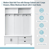 English Elm Modern Style Hall Tree With Storage Cabinet and 2 Large Drawers, Widen Mudroom Bench With 5 Coat Hooks, White