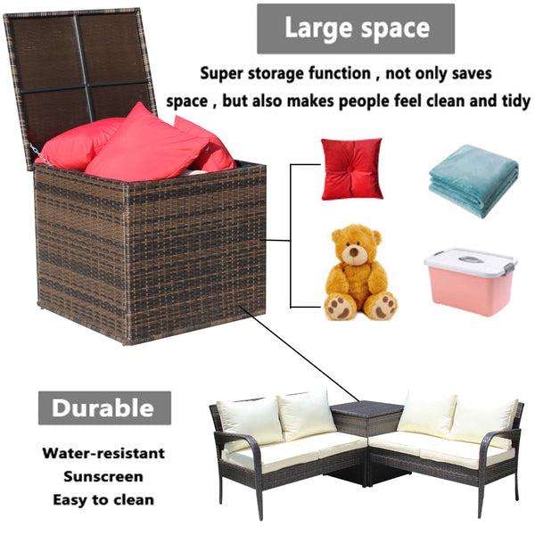 English Elm 3 Piece Wicker Patio Sectional Sofa Set with Storage Table, Brown PE Rattan, Beige Cushions, UV Resistant W209S00018