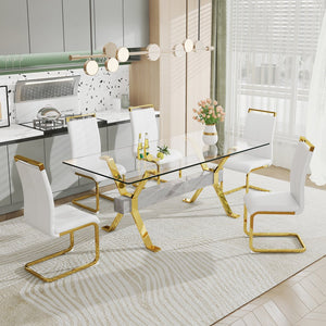 English Elm Dining Table - Modern Tempered Glass With Gold-Plated Metal Legs - Perfect For Home & Office Use! W1151S00353