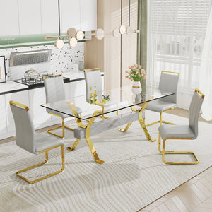 English Elm Dining Table - Modern Tempered Glass With Gold-Plated Metal Legs - Perfect For Home & Office Use! W1151S00353