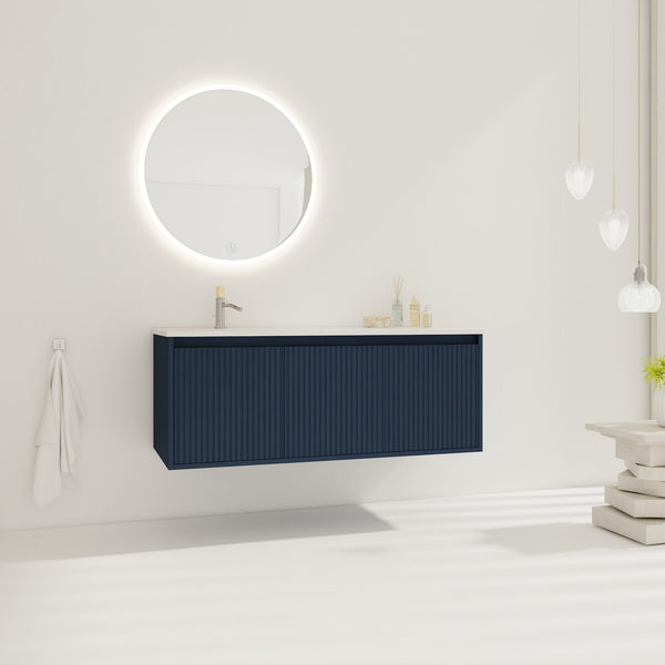 English Elm 48" Floating Bathroom Vanity with Drop-Shaped Resin Sink, Wavy Panel Doors, Soft-Close Hinges, Durable Melamine Finish W999S00094