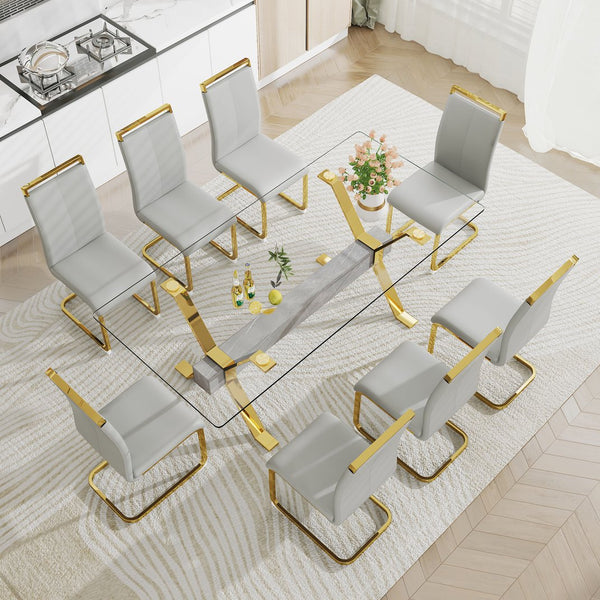 English Elm Dining Table - Modern Tempered Glass With Gold-Plated Metal Legs - Perfect For Home & Office Use! W1151S00353