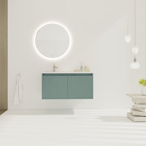 English Elm 36" Floating Bathroom Vanity with Drop-Shaped Resin Sink, Wavy Doors, Soft-Close Hinges, Water-Resistant Plywood Modern Design W999S00093