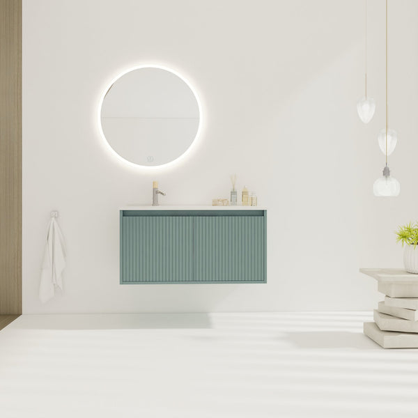 English Elm 36" Floating Bathroom Vanity with Drop-Shaped Resin Sink, Wavy Doors, Soft-Close Hinges, Water-Resistant Plywood Modern Design W999S00093