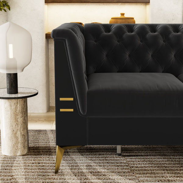 English Elm FX-P83-BK2(SOFA Luxurious Black Velvet 3-Seat Chesterfield Couch with Gold Legs, Tufted, Removable Cushions W576S00077