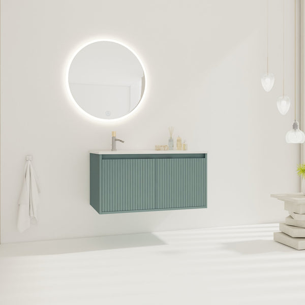 English Elm 36" Floating Bathroom Vanity with Drop-Shaped Resin Sink, Wavy Doors, Soft-Close Hinges, Water-Resistant Plywood Modern Design W999S00093
