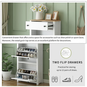 English Elm On-trend White Entryway Shoe Cabinet with Flip Drawers and Wood Grain Veneer Top WF308547AAK
