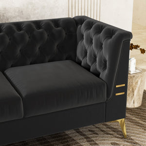 English Elm FX-P83-BK2(SOFA Luxurious Black Velvet 3-Seat Chesterfield Couch with Gold Legs, Tufted, Removable Cushions W576S00077