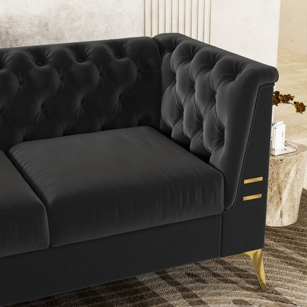 English Elm FX-P83-BK2(SOFA Luxurious Black Velvet 3-Seat Chesterfield Couch with Gold Legs, Tufted, Removable Cushions W576S00077