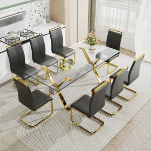 English Elm 1 Modern Rectangular Glass Dining Table Set With 8 Black Pu Chairs & Gold-Plated Legs – Stylish Comfort W1151S00455
