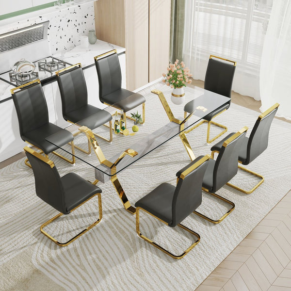 English Elm 1 Modern Rectangular Glass Dining Table Set With 8 Black Pu Chairs & Gold-Plated Legs – Stylish Comfort W1151S00455