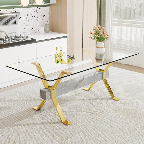 English Elm Dining Table - Modern Tempered Glass With Gold-Plated Metal Legs - Perfect For Home & Office Use! W1151S00353