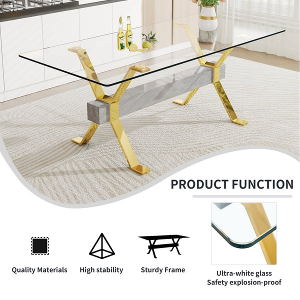 English Elm Dining Table - Modern Tempered Glass With Gold-Plated Metal Legs - Perfect For Home & Office Use! W1151S00353