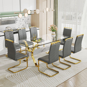 English Elm Dining Table - Modern Tempered Glass With Gold-Plated Metal Legs - Perfect For Home & Office Use! W1151S00353
