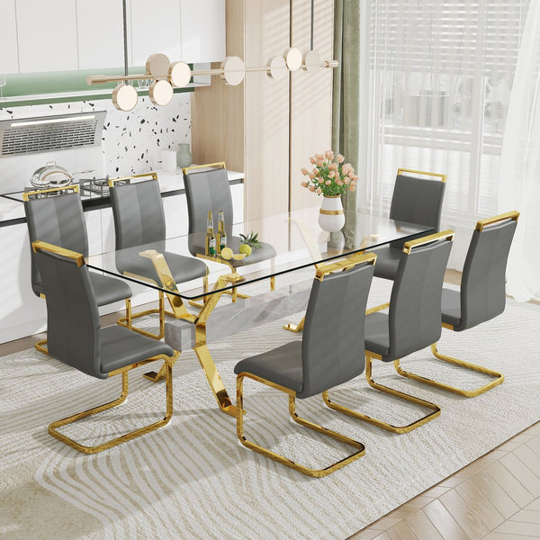 English Elm Dining Table - Modern Tempered Glass With Gold-Plated Metal Legs - Perfect For Home & Office Use! W1151S00353