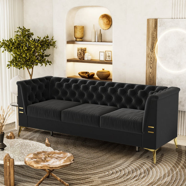 English Elm FX-P83-BK2(SOFA Luxurious Black Velvet 3-Seat Chesterfield Couch with Gold Legs, Tufted, Removable Cushions W576S00077
