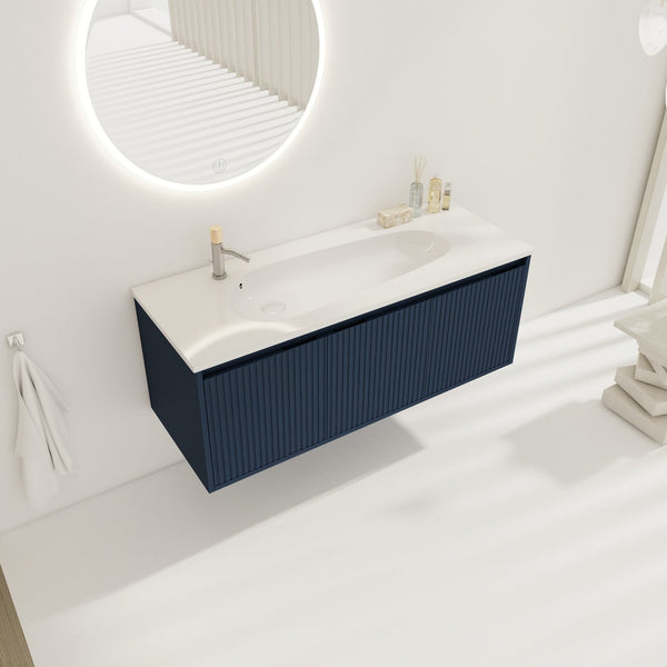 English Elm 48" Floating Bathroom Vanity with Drop-Shaped Resin Sink, Wavy Panel Doors, Soft-Close Hinges, Durable Melamine Finish W999S00094