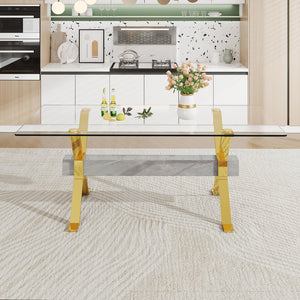 English Elm Dining Table - Modern Tempered Glass With Gold-Plated Metal Legs - Perfect For Home & Office Use! W1151S00353