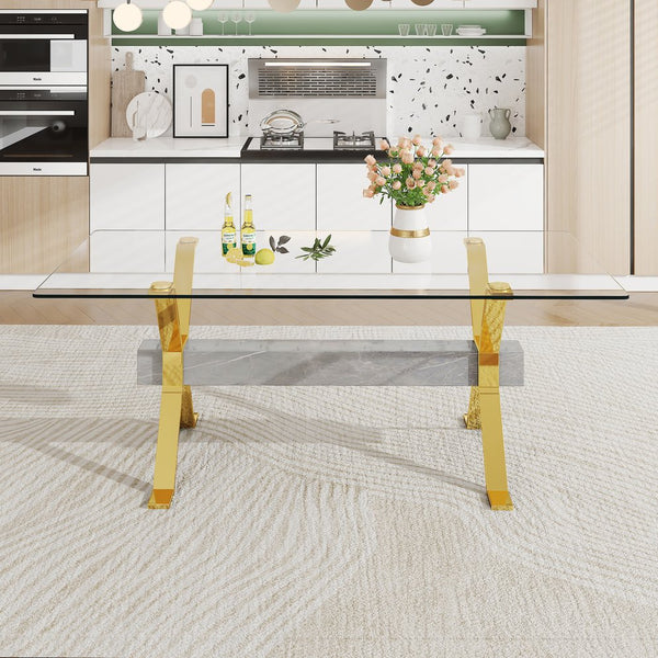 English Elm Dining Table - Modern Tempered Glass With Gold-Plated Metal Legs - Perfect For Home & Office Use! W1151S00353