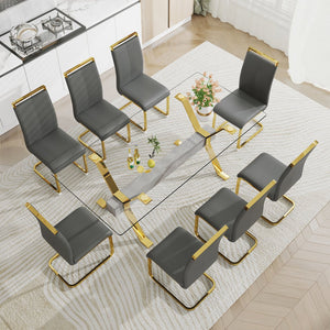 English Elm Dining Table - Modern Tempered Glass With Gold-Plated Metal Legs - Perfect For Home & Office Use! W1151S00353