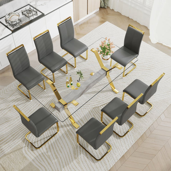English Elm Dining Table - Modern Tempered Glass With Gold-Plated Metal Legs - Perfect For Home & Office Use! W1151S00353
