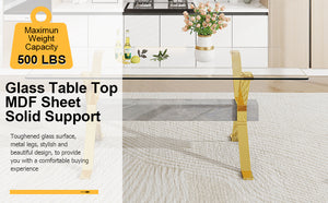 English Elm Dining Table - Modern Tempered Glass With Gold-Plated Metal Legs - Perfect For Home & Office Use! W1151S00353