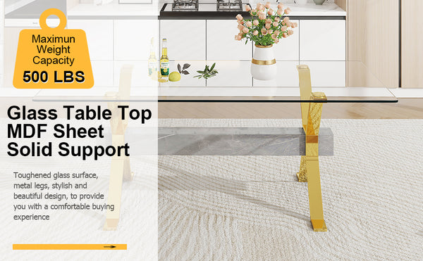 English Elm Dining Table - Modern Tempered Glass With Gold-Plated Metal Legs - Perfect For Home & Office Use! W1151S00353