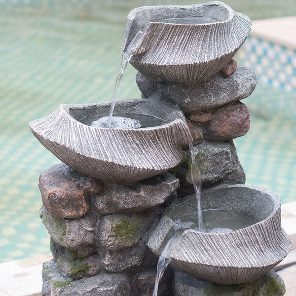 English Elm 19x15x31.5" Four Tier Polyresin Rock Cascading Fountain with Led for Patio Garden W2078124491