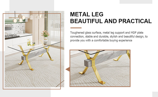 English Elm Dining Table - Modern Tempered Glass With Gold-Plated Metal Legs - Perfect For Home & Office Use! W1151S00353