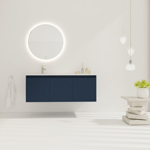 English Elm 48" Floating Bathroom Vanity with Drop-Shaped Resin Sink, Wavy Panel Doors, Soft-Close Hinges, Durable Melamine Finish W999S00094
