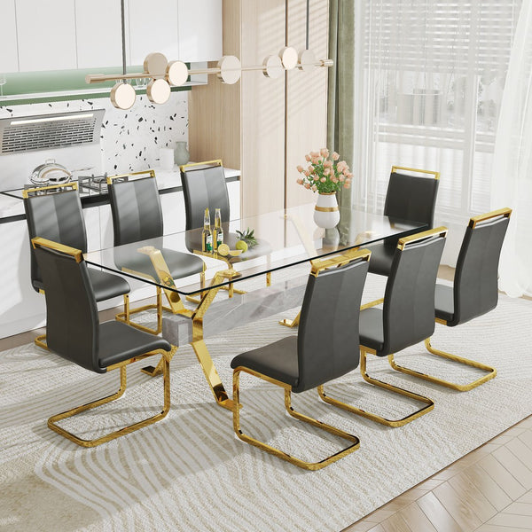 English Elm 1 Modern Rectangular Glass Dining Table Set With 8 Black Pu Chairs & Gold-Plated Legs – Stylish Comfort W1151S00455