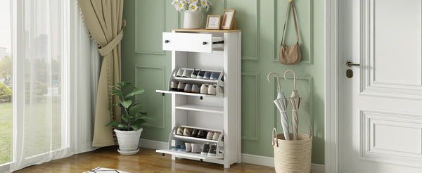 English Elm On-trend White Entryway Shoe Cabinet with Flip Drawers and Wood Grain Veneer Top WF308547AAK