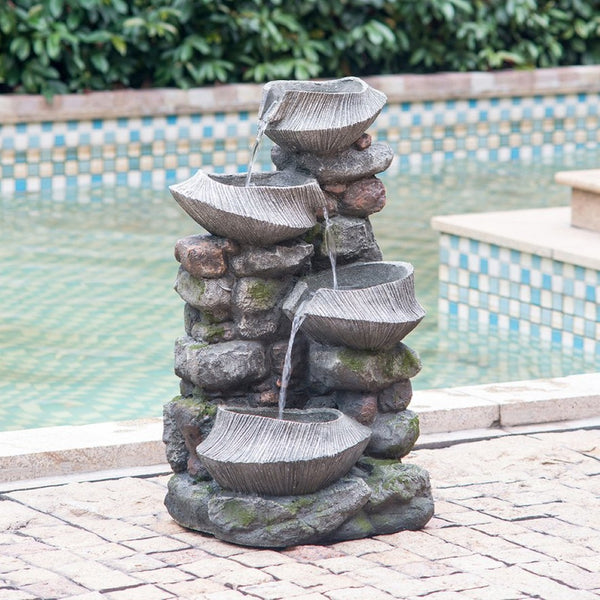 English Elm 19x15x31.5" Four Tier Polyresin Rock Cascading Fountain with Led for Patio Garden W2078124491