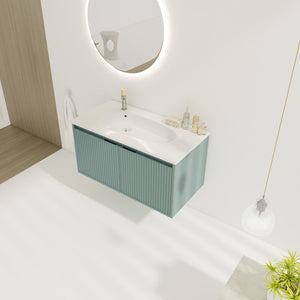 English Elm 36" Floating Bathroom Vanity with Drop-Shaped Resin Sink, Wavy Doors, Soft-Close Hinges, Water-Resistant Plywood Modern Design W999S00093