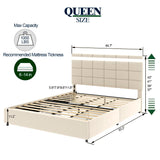 Hearth and Haven Vera Queen Size Ivory Velvet Upholstered Platform Bed with Patented 4 Drawers Storage, Square Stitched Button Tufted Headboard, Wooden Slat Mattress Support No Box Spring Required B083119226