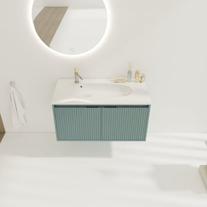 English Elm 36" Floating Bathroom Vanity with Drop-Shaped Resin Sink, Wavy Doors, Soft-Close Hinges, Water-Resistant Plywood Modern Design W999S00093