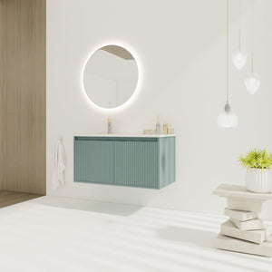 English Elm 36" Floating Bathroom Vanity with Drop-Shaped Resin Sink, Wavy Doors, Soft-Close Hinges, Water-Resistant Plywood Modern Design W999S00093