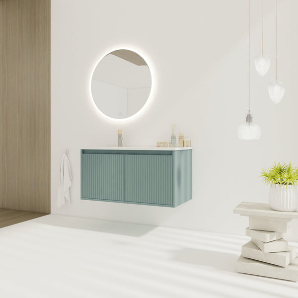 English Elm 36" Floating Bathroom Vanity with Drop-Shaped Resin Sink, Wavy Doors, Soft-Close Hinges, Water-Resistant Plywood Modern Design W999S00093