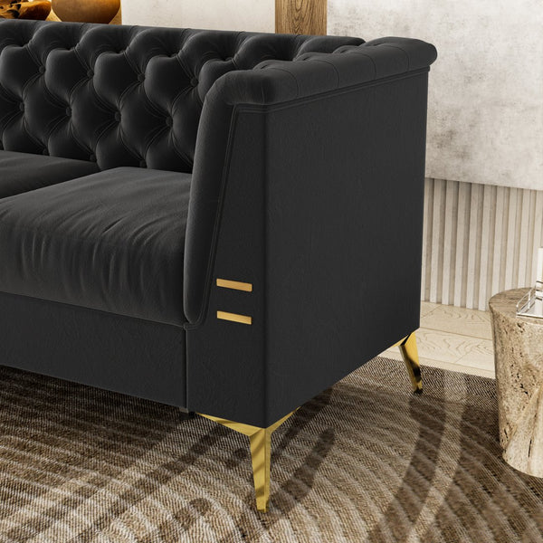 English Elm FX-P83-BK2(SOFA Luxurious Black Velvet 3-Seat Chesterfield Couch with Gold Legs, Tufted, Removable Cushions W576S00077