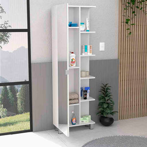 English Elm Mirror Linen Cabinet Reno 62" Tall Mirrored Door with Four Open Shelves and Adjustable Interior Storage White B092123061