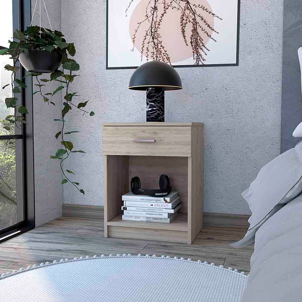 English Elm Nightstand Coco: Modern Light Gray Compact Design With Drawer & Open Shelf For Stylish Storage Solutions B092122890