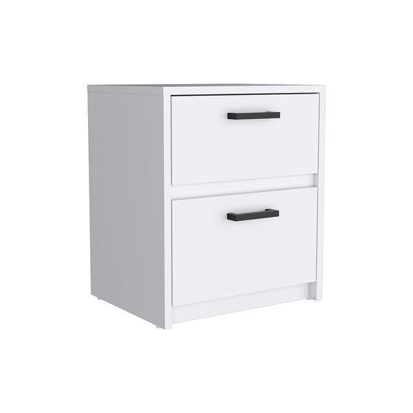 English Elm Nightstand With Two Drawers And Open Shelf - Elegant White Chequered Design For Stylish Storage Solutions B092123118
