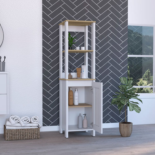 English Elm Linen Cabinet Jannes – Scandinavian-Style Storage With Open Shelves & Single Door In Light Oak/White Finish B092122959