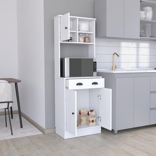 English Elm Microwave Storage Stand With 3 Doors, Drawer & Modern White Finish For Clutter-Free Kitchens B092123135