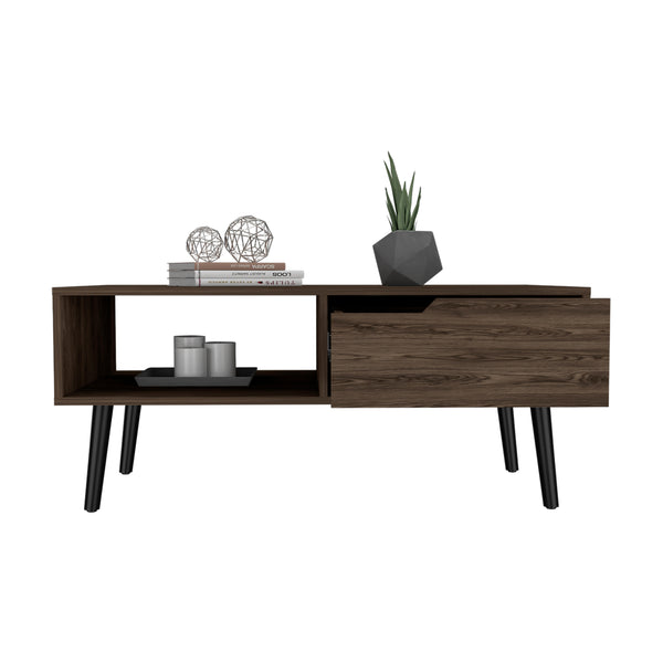 English Elm Coffee Bull Coffee Table with Drawer & Open Shelf, Dark Walnut Finish, Spacious Top & Storage Elegance B092122874