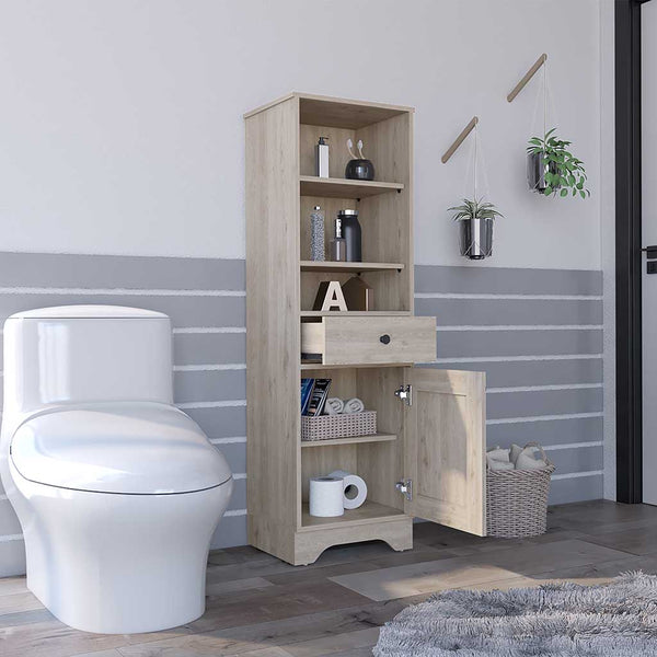 English Elm Linen Cabinet Light Gray - Stylish Compact Storage With Drawer, Open Shelves & Hidden Cabinet Space B092122878