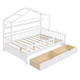 English Elm Wooden Full Size House Bed With 2 Drawers,Kids Bed With Storage Shelf, White