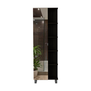 English Elm Mirror Linen Cabinet Reno 62" Tall Mirrored Door with Four Open Shelves and Adjustable Interior Storage Black B092123062