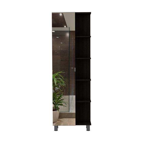 English Elm Mirror Linen Cabinet Reno 62" Tall Mirrored Door with Four Open Shelves and Adjustable Interior Storage Black B092123062